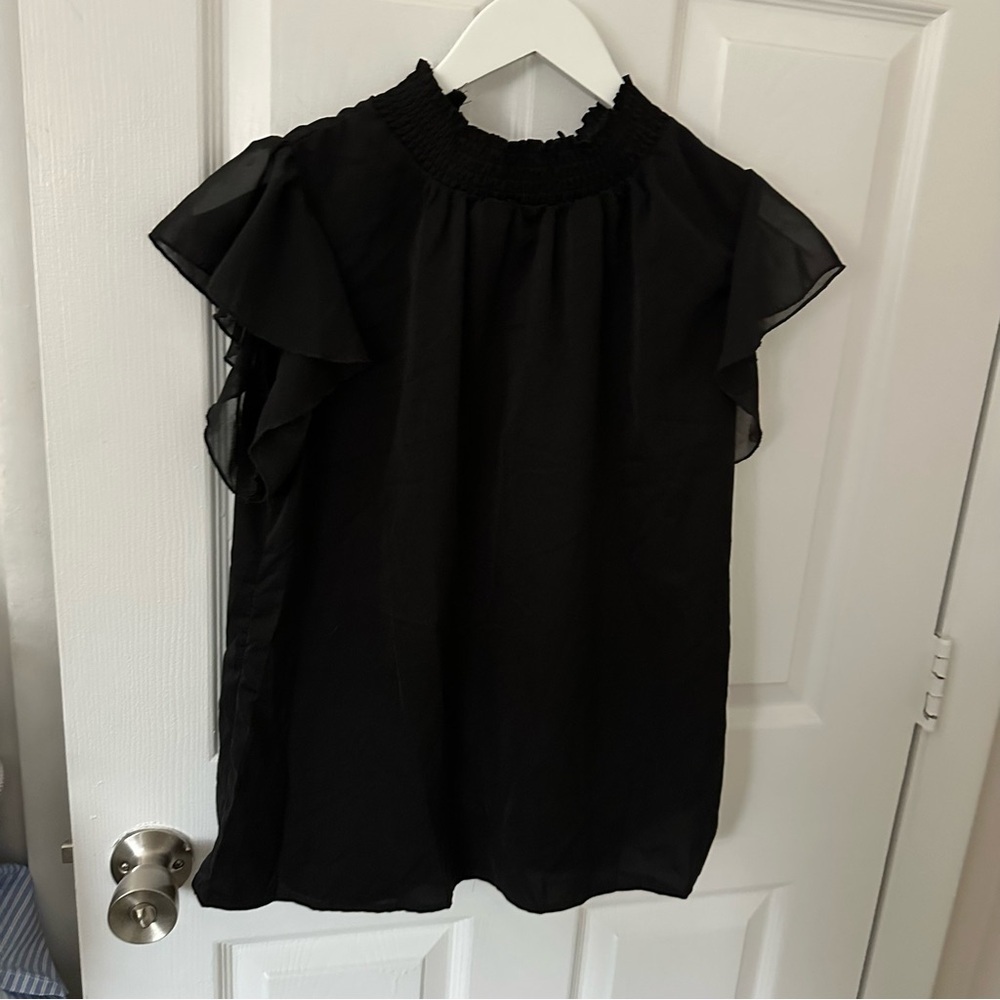 Black Ruffled Flutter Sleeve Blouse with High Neck